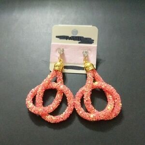 Gold Tone Orange Glitter Rhinestone Twisted Loop Statement Earrings